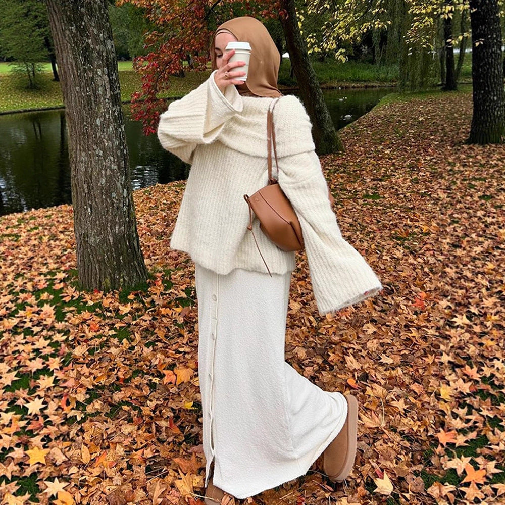 Damen Oversize Schulterfreier Rippstrick-Pullover mit weiten Glockenärmeln Drune