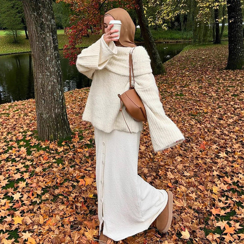 Damen Oversize Schulterfreier Rippstrick-Pullover mit weiten Glockenärmeln Drune