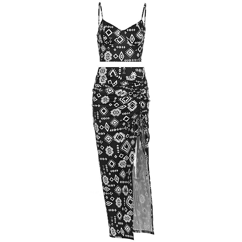 Damen Set aus Crop-Top und Knielangem Rock mit Raffungen Drune