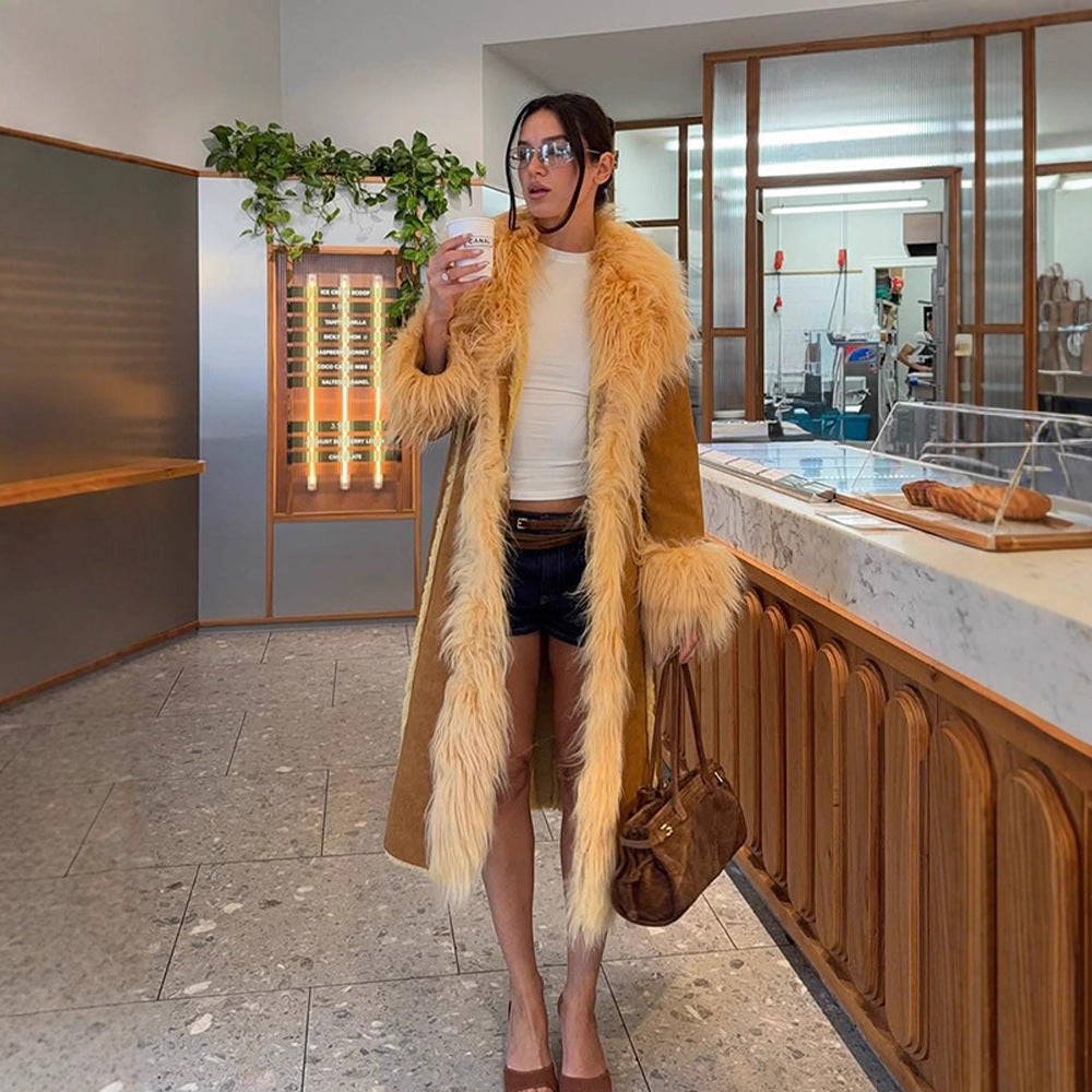 Damen Langer Shearling‑Imitatmantel mit voluminösem Schalkragen und Plüschmanschetten Drune