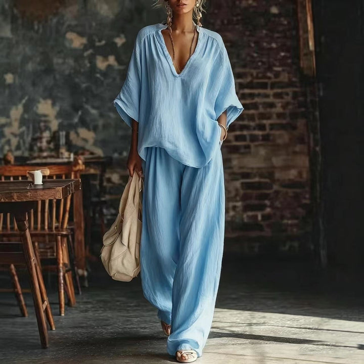 Damen nan lässiges zweiteiliges Leinenoptik-Set mit tiefem V-Ausschnitt, Oversize-Bluse und weitem Palazzo-Hosen Drune