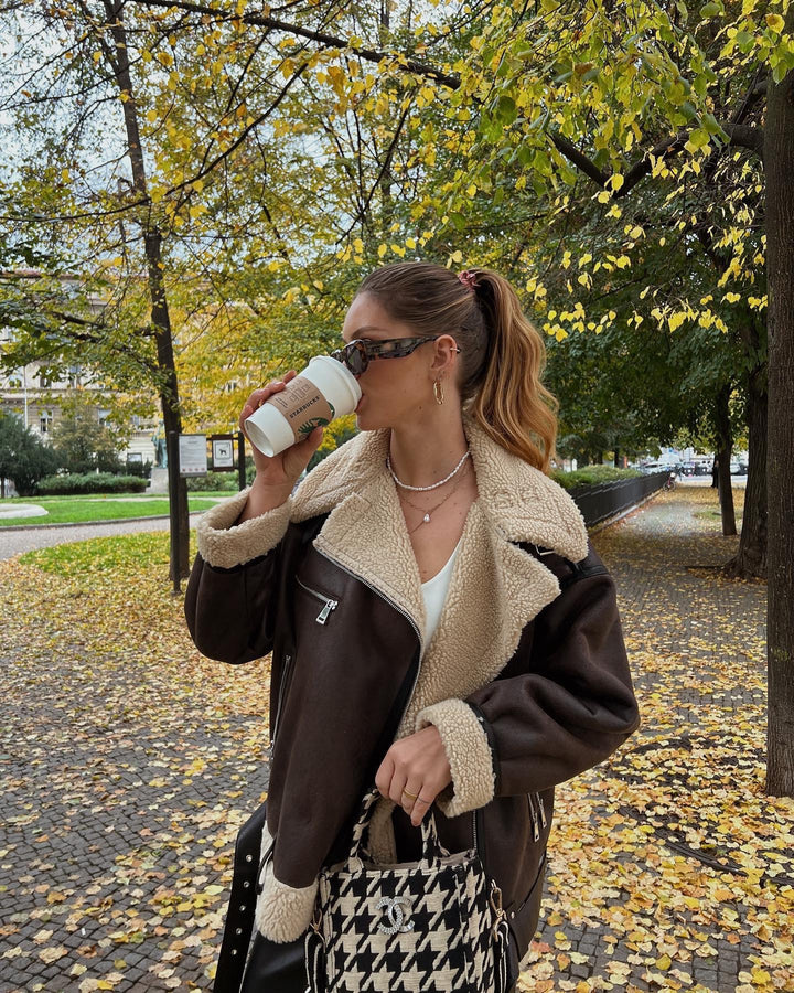 Damen Gefütterte Fliegerjacke im Aviator‑Stil mit Teddyfutter und Reißverschluss Drune