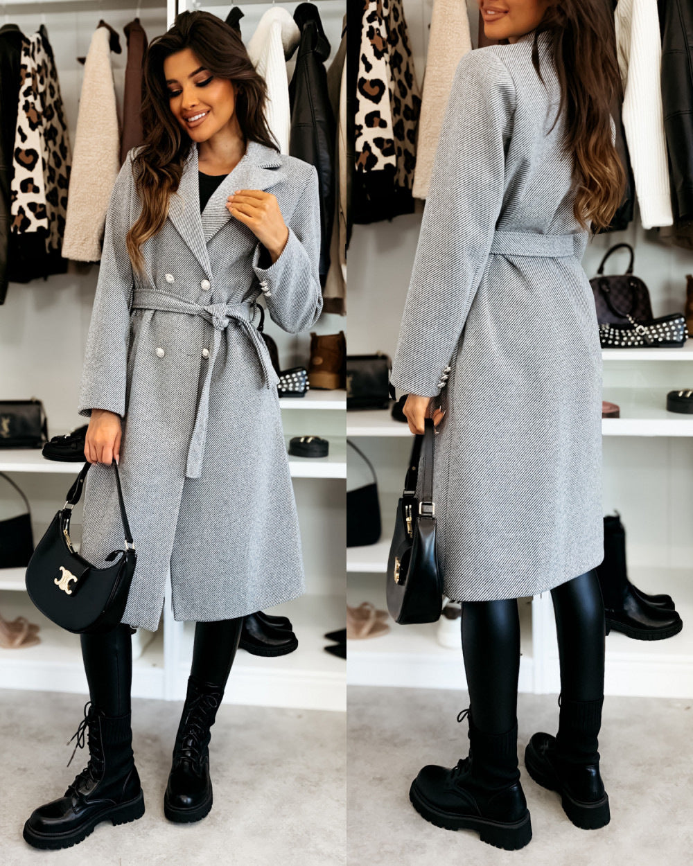 Damen eleganter Knielanger Trenchcoat mit Gürtel und doppelter Knopfleiste Drune
