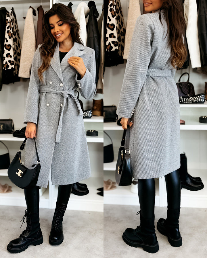 Damen eleganter Knielanger Trenchcoat mit Gürtel und doppelter Knopfleiste Drune