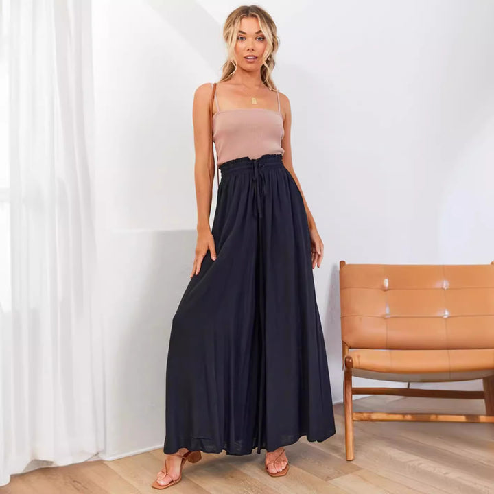 Frauen Hohe Taille Rüschen Elastischer Bund Weite Bein Strand Palazzo Hose mit Zugband und Seitentaschen Drune