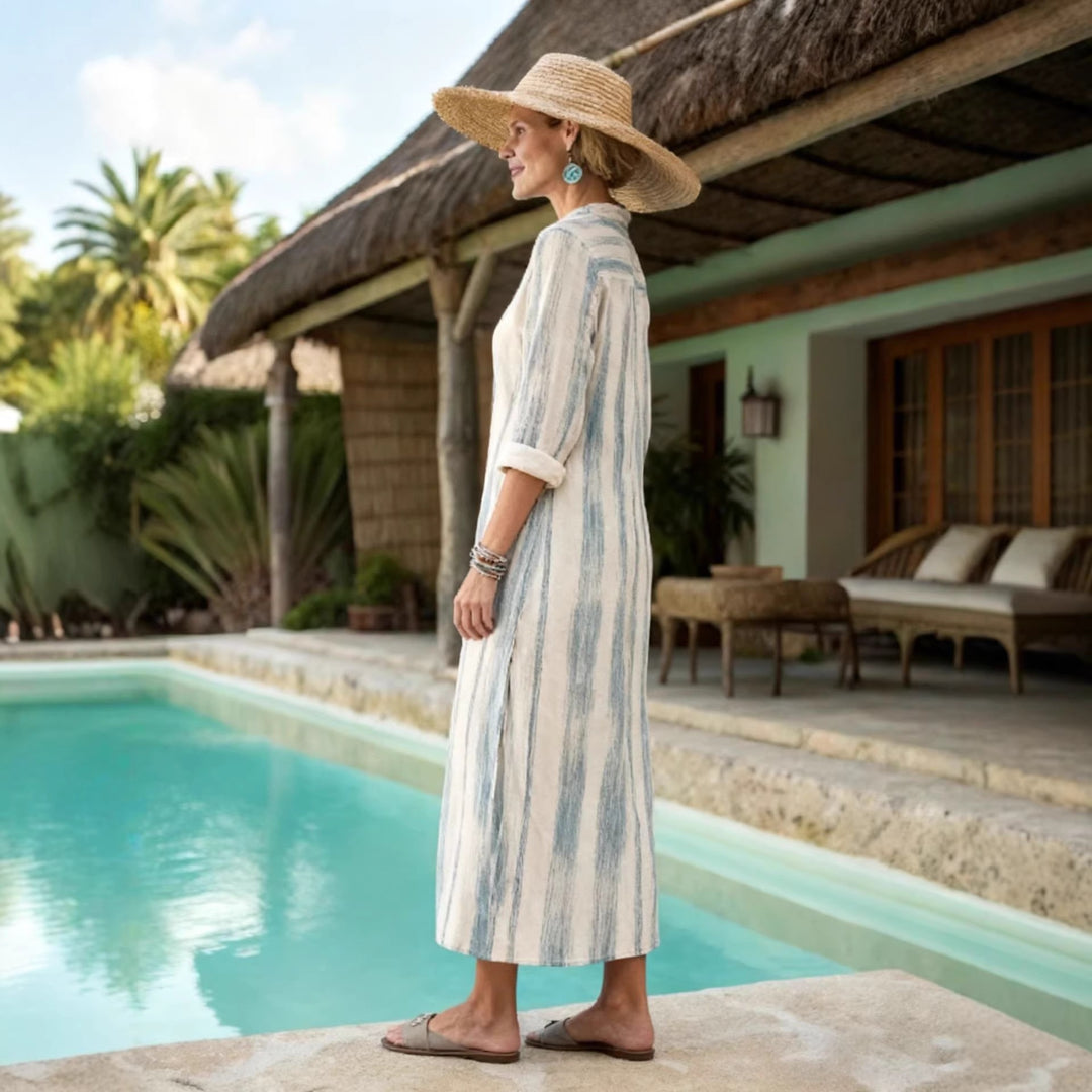 Damen Gestreiftes Hemdblusenkleid in Leinenoptik mit durchgehender Knopfleiste Drune