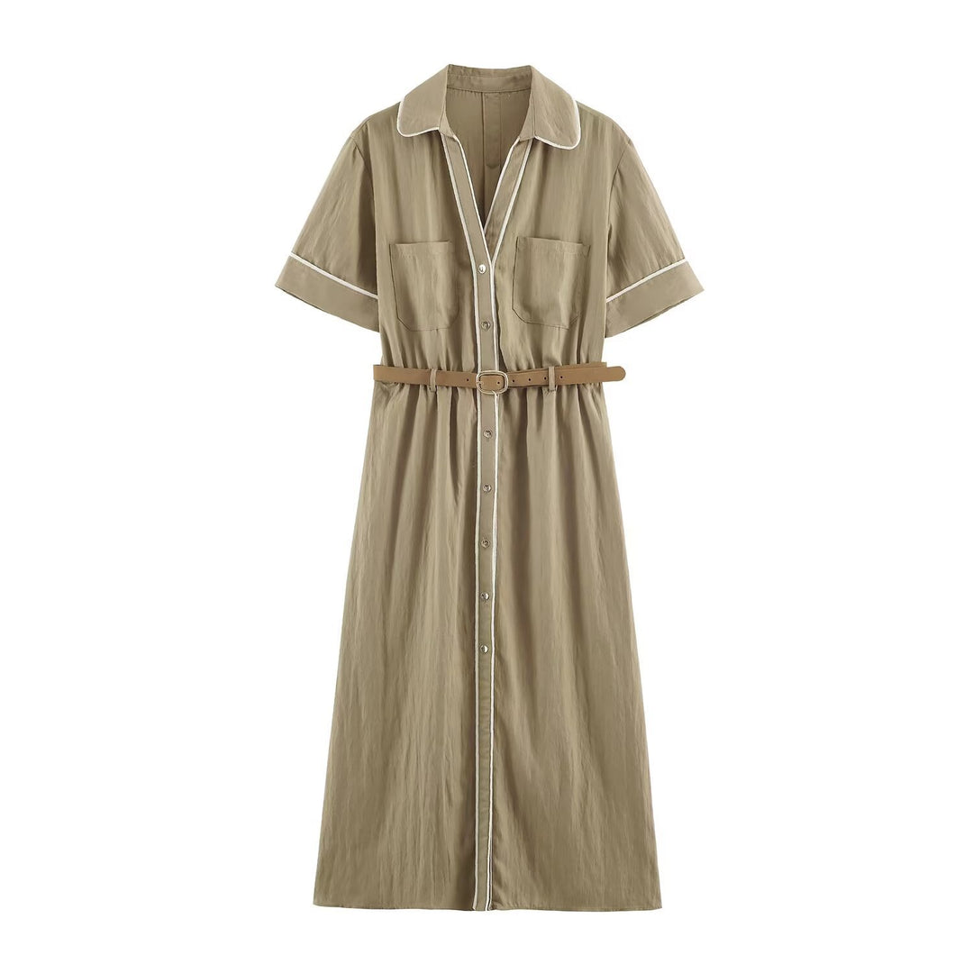 Damen Hemdblusenkleid mit Kontrastpaspel und Taillengürtel Drune