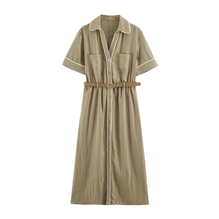 Damen Hemdblusenkleid mit Kontrastpaspel und Taillengürtel Drune
