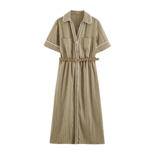 Damen Hemdblusenkleid mit Kontrastpaspel und Taillengürtel Drune