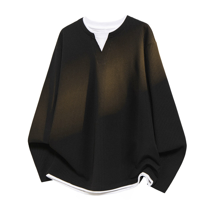 Herren Oversized Waffelstruktur-Sweatshirt mit V-Ausschnitt und Lagenoptik Drune