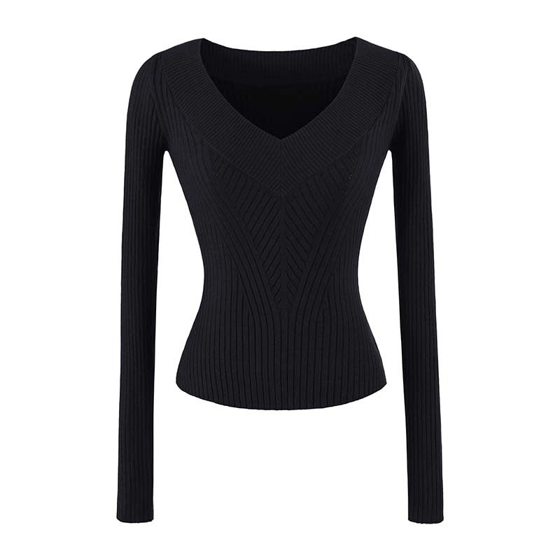 Damen Taillierter Rippstrick-Pullover mit V-Ausschnitt und formgebender Struktur Drune