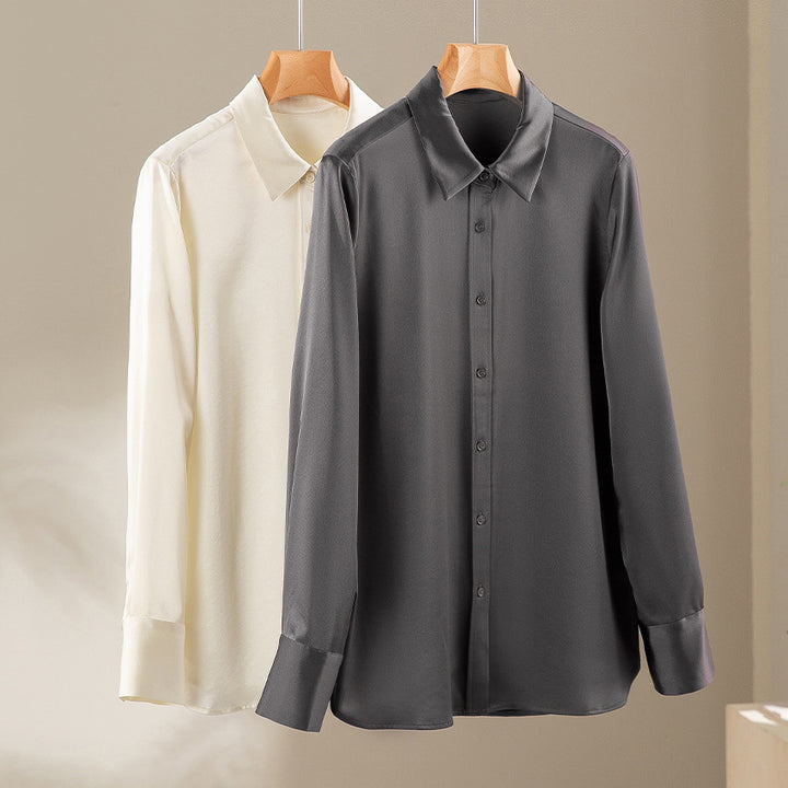 Damen Seiden-Optik Bluse mit Hemdkragen, verdeckter Knopfleiste und verlängertem Manschetten-Detail Drune