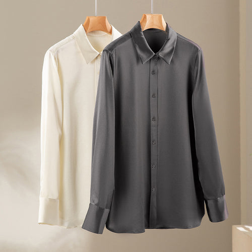 Damen Seiden-Optik Bluse mit Hemdkragen, verdeckter Knopfleiste und verlängertem Manschetten-Detail Drune