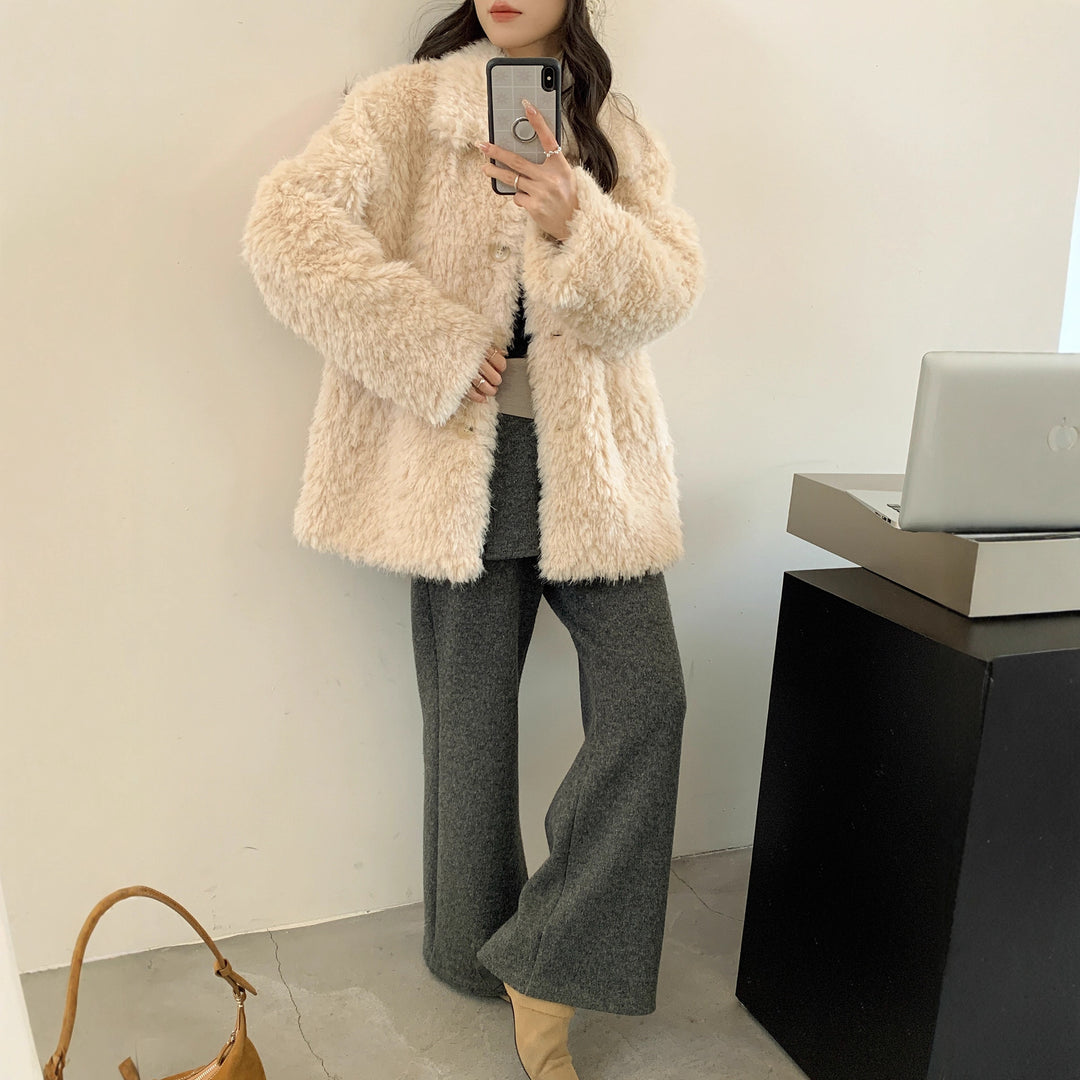 Damen Flauschiger Teddy-Mantel aus Kunstfell mit Hemdkragen und Boxy‑Silhouette Drune