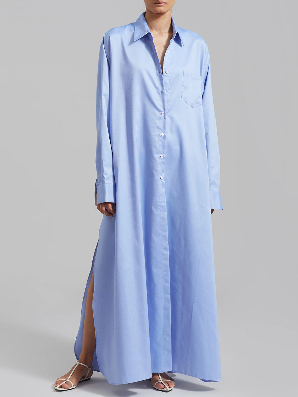 Damen Maxikleid im Hemdblusen-Stil mit seitlichem Schlitz und langen Ärmeln Drune