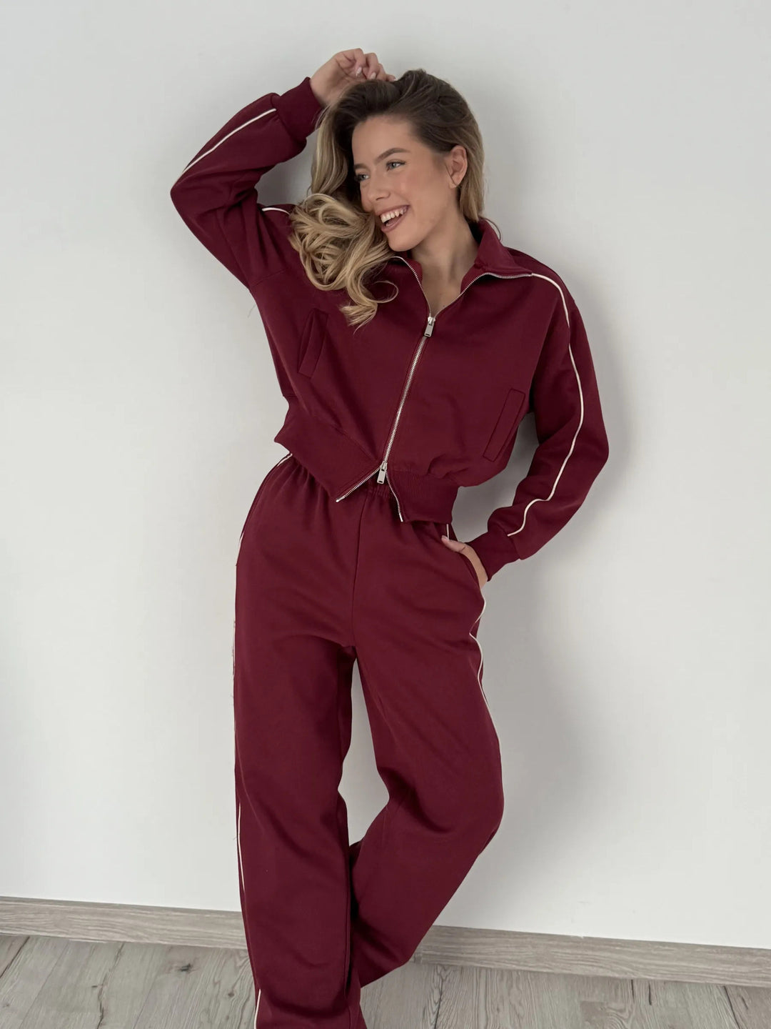 Damen lockerer Zip-Trainingsanzug mit kontrastpaspel, weitem Bein und elastischem Tunnelzugbund Drune