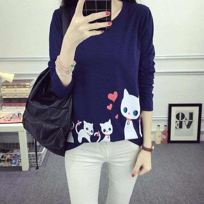 Damen Langarm-T-Shirt mit kreativem Katzenmotiv Drune