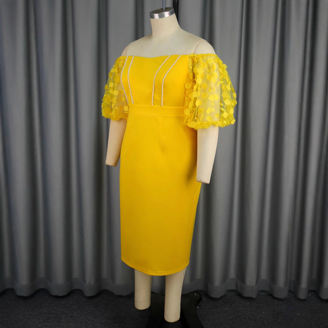 Damen figurbetontes Kleid mit verzierten Puffärmeln und Perlenakzenten Drune