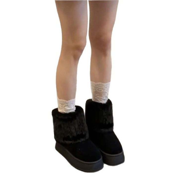 Damen Warme Kurzboots mit Kunstfellmanschette und Plateau-Sohle Drune