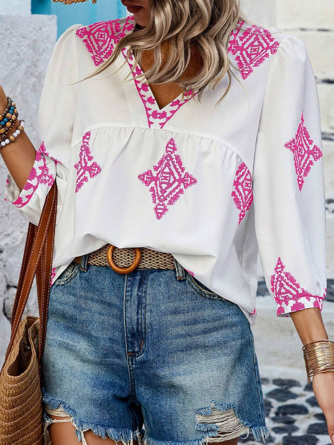 Damen Locker geschnittene Boho‑Bluse mit V‑Ausschnitt, geraffter Brustnaht und dreiviertelärmeln Drune