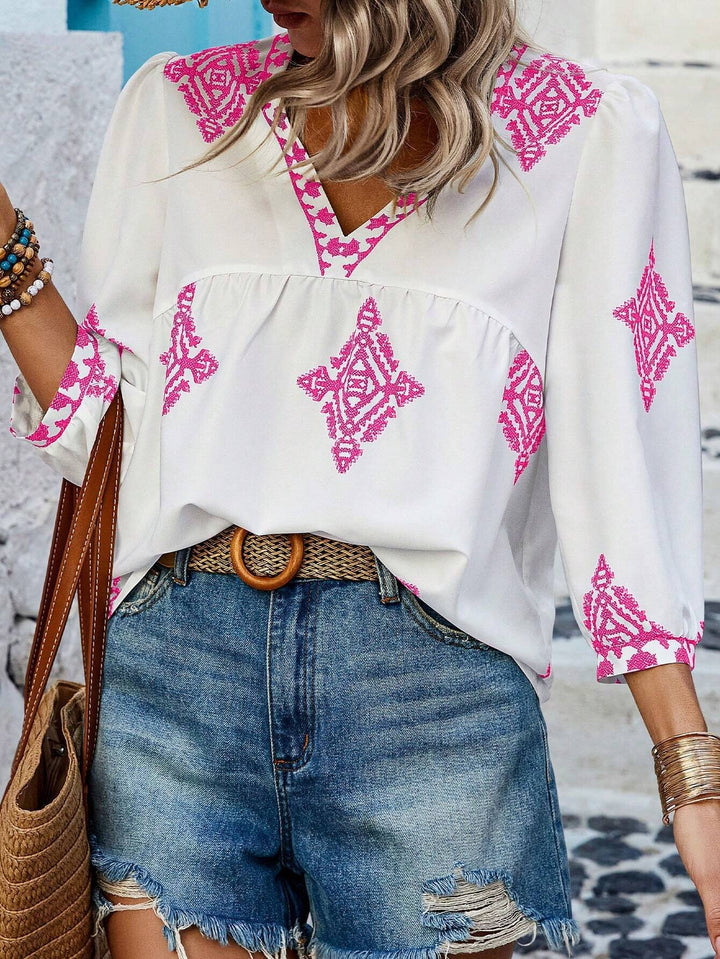 Damen Locker geschnittene Boho‑Bluse mit V‑Ausschnitt, geraffter Brustnaht und dreiviertelärmeln Drune
