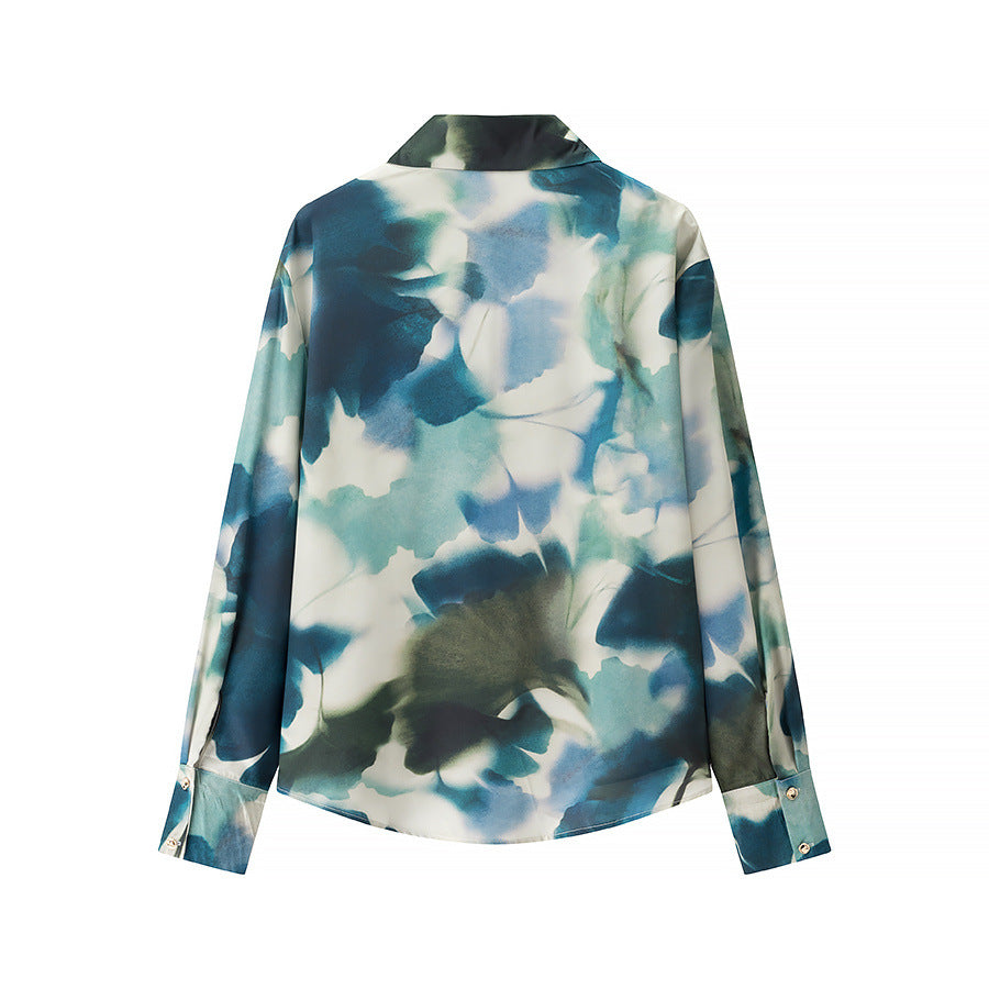Damen nan seidige Langarm-Bluse mit verdeckter Knopfleiste, Hemdkragen und abstraktem Aquarellprint Drune