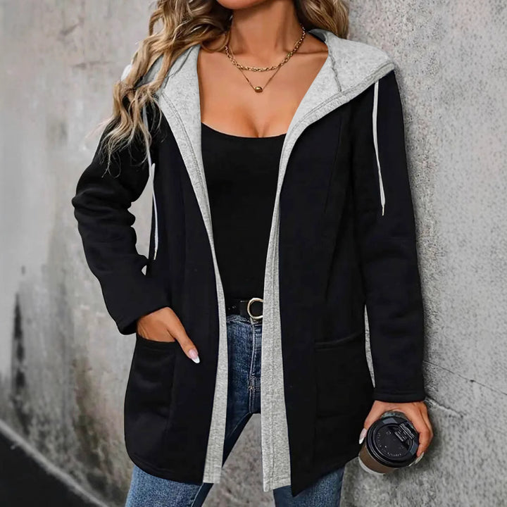 Damen Kapuzen-Longcardigan mit kontrastierter Kante und Eingrifftaschen Drune