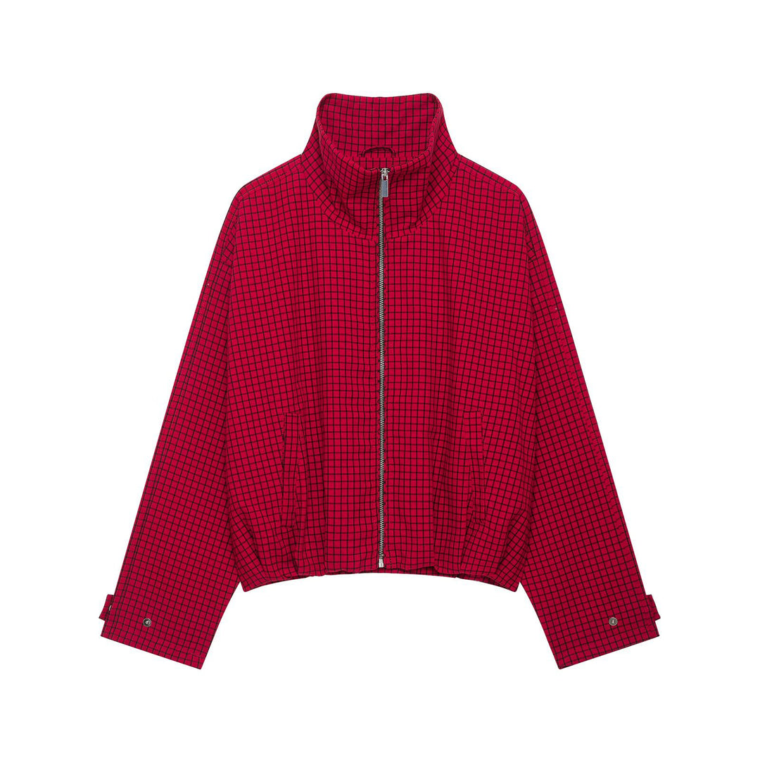 Damen Karierte Cropped-Boxy-Übergangsjacke mit hohem Stehkragen und Reißverschluss Drune