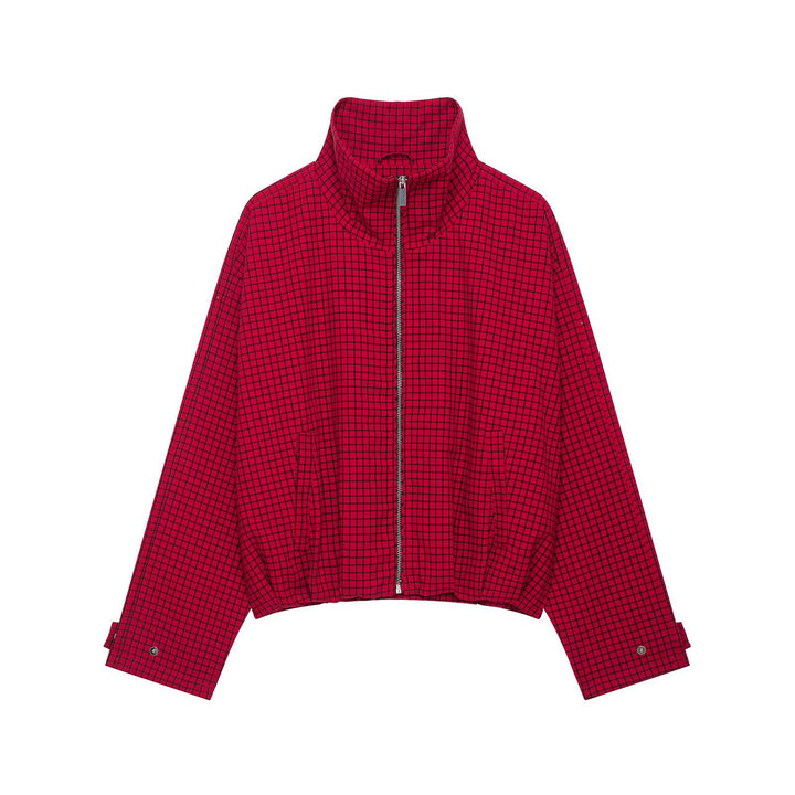 Damen Karierte Cropped-Boxy-Übergangsjacke mit hohem Stehkragen und Reißverschluss Drune