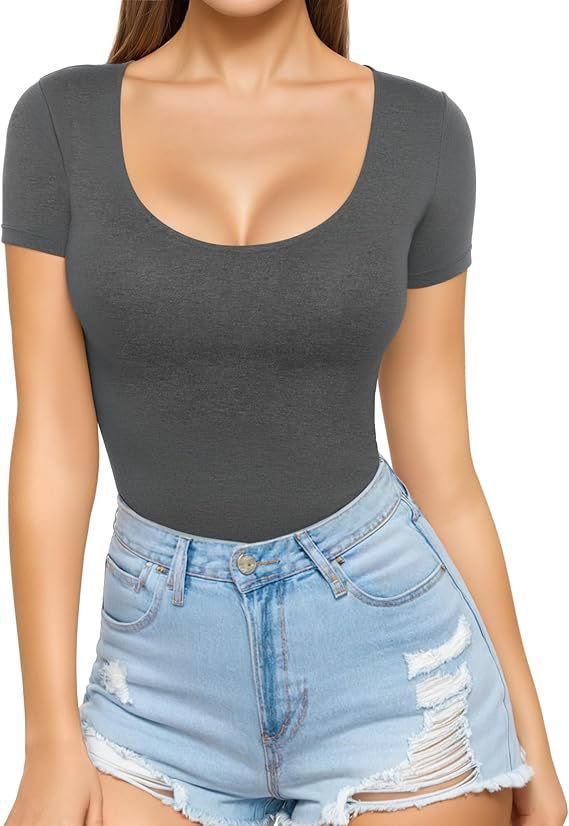 Damen figurbetontes Kurzarm-Body mit rundem Ausschnitt und nahtlosem Design Drune