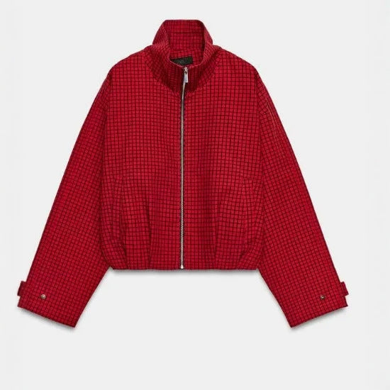 Damen Cropped Bomberjacke mit Stehkragen, Karomuster und elastischem Saum Drune