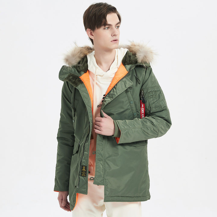 Herren Schwerer Thermo-Parka im Expeditionstil mit Kunstfellkapuze und Multifachtaschen Drune