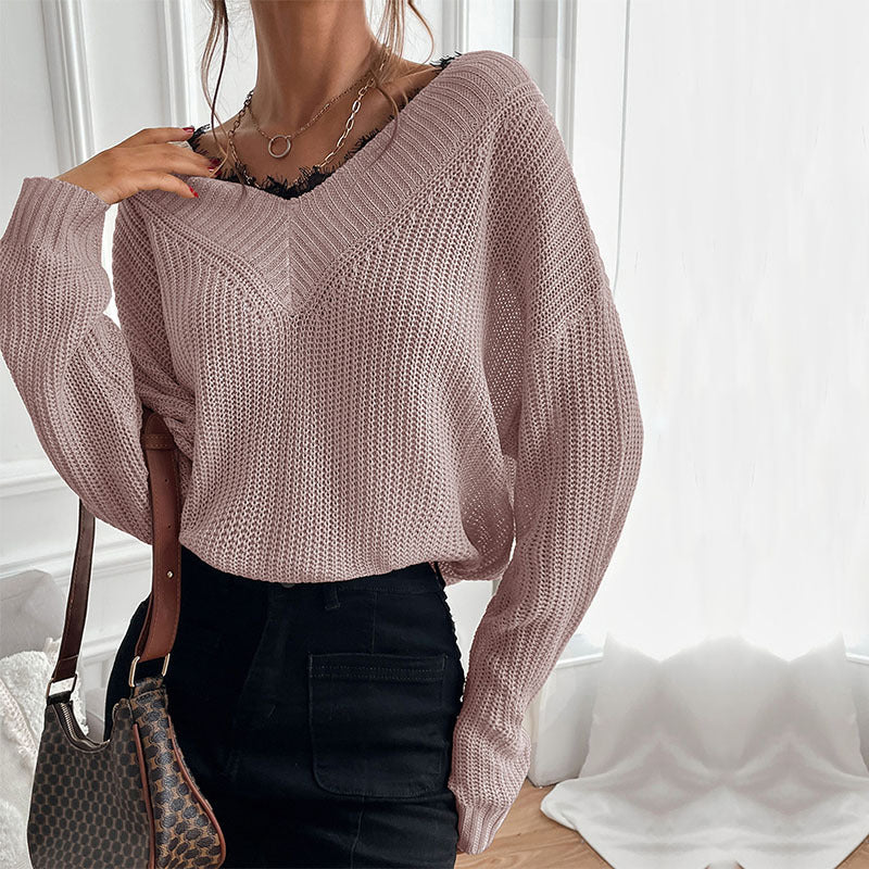 Damen Eleganter Strickpullover mit V-Ausschnitt und großem Muster Drune