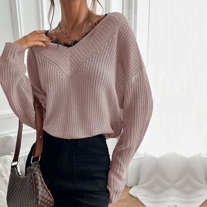 Damen Eleganter Strickpullover mit V-Ausschnitt und großem Muster Drune