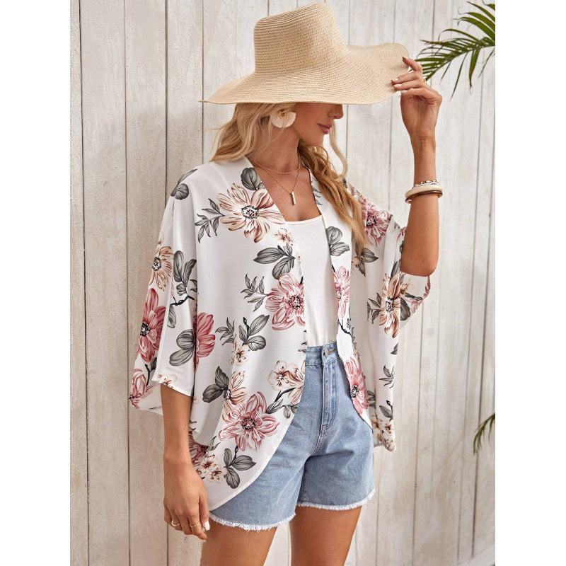 Damen Modischer Kimono mit floralem Design und weit geschnittenen Ärmeln Drune