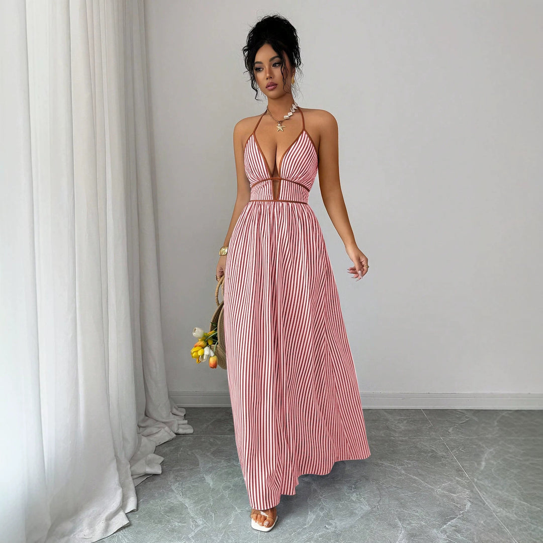 Damen Gestreiftes Neckholder-Maxikleid mit tiefem V-Ausschnitt und Taillen-Cut-Out Drune