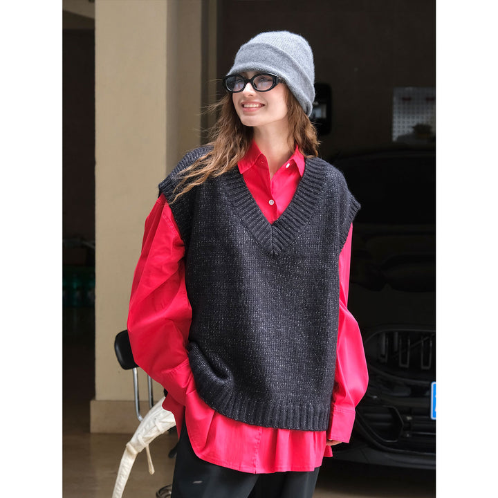 Damen Weite Flauschige V‑Neck Strickweste im Mohair‑Look Drune