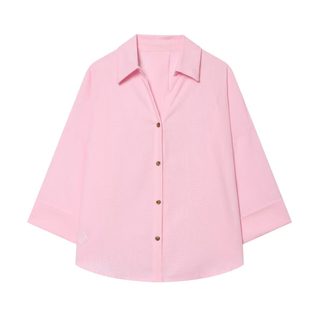 Damen Oversized Hemdbluse mit kastigem Schnitt, dreiviertelärmeln und Hornknopfleiste Drune