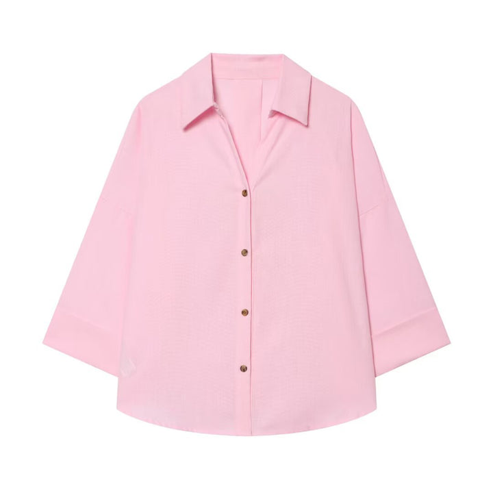Damen Oversized Hemdbluse mit kastigem Schnitt, dreiviertelärmeln und Hornknopfleiste Drune
