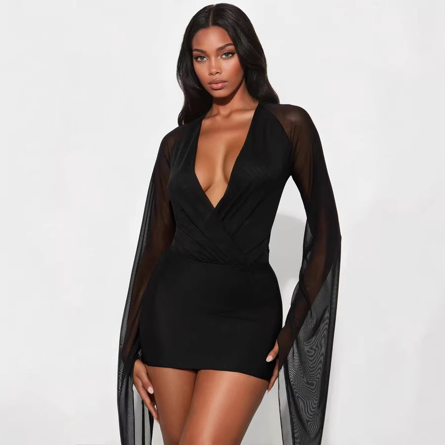 Damen Wickelkleid mit langem, transparentem Ärmel Drune