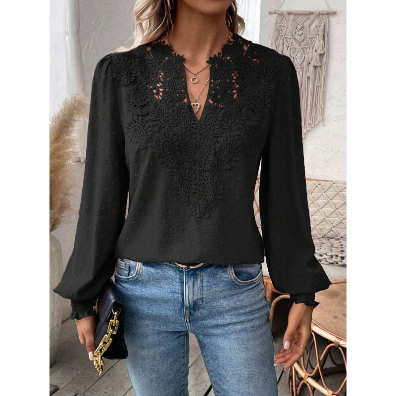 Damen Bluse mit gesticktem V-Ausschnitt und langen Ärmeln Drune