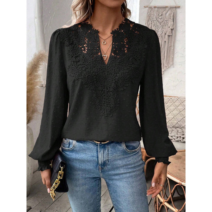 Damen Bluse mit gesticktem V-Ausschnitt und langen Ärmeln Drune