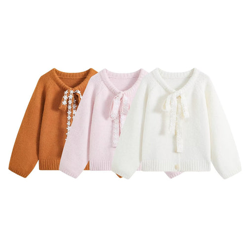 Damen Flauschige Strickjacke mit Spitzenband-Bindung Drune