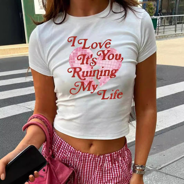 Damen Crop-Top mit kreativem Grafikdesign und modernem Schriftzug Drune