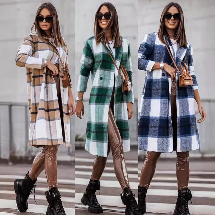 Damen Langer Wollmantel mit kariertem Muster und taillierbarem Gürtel Drune
