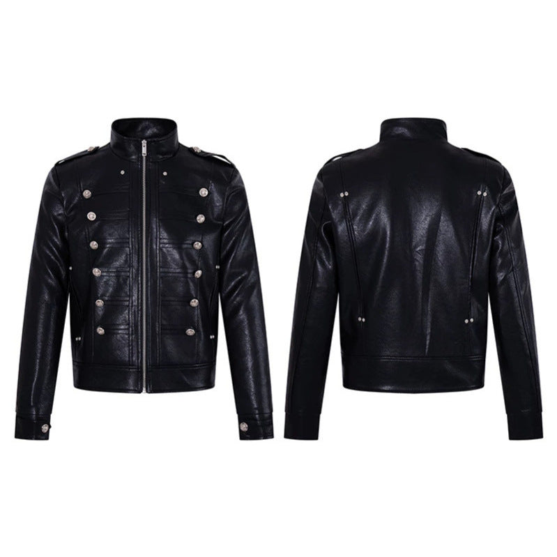 Herren Militärisch inspirierte Kunstlederjacke mit Stehkragen, Zierknopfreihe und Schulterpatten Drune