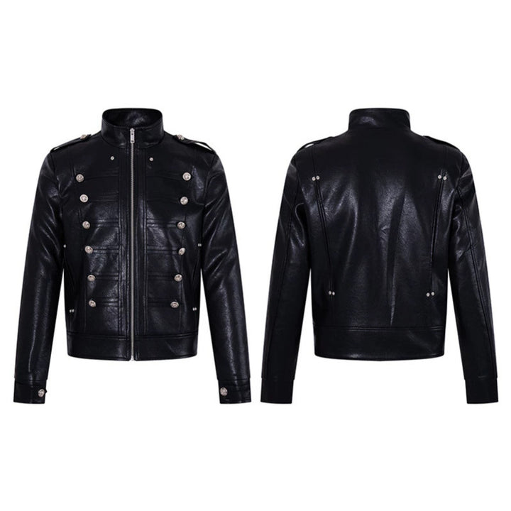 Herren Militärisch inspirierte Kunstlederjacke mit Stehkragen, Zierknopfreihe und Schulterpatten Drune