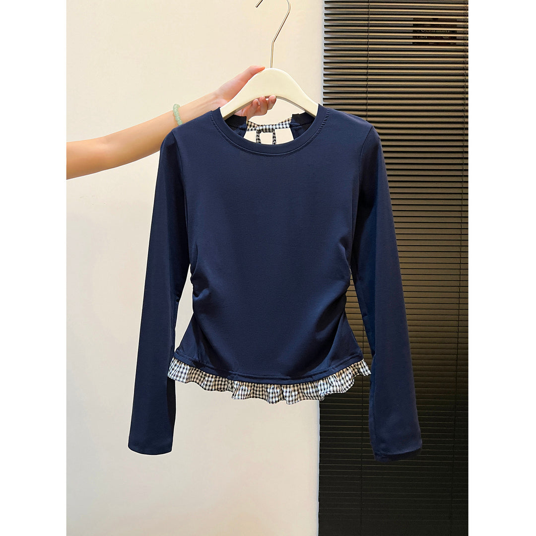 Damen Langarmshirt mit asymmetrischem Rüschenrand und dekorativem Rückenteil Drune