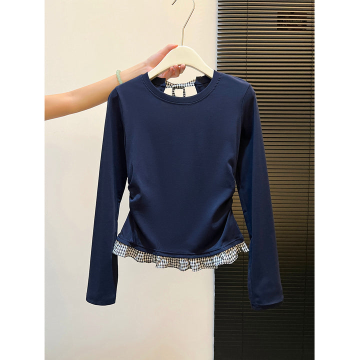 Damen Langarmshirt mit asymmetrischem Rüschenrand und dekorativem Rückenteil Drune