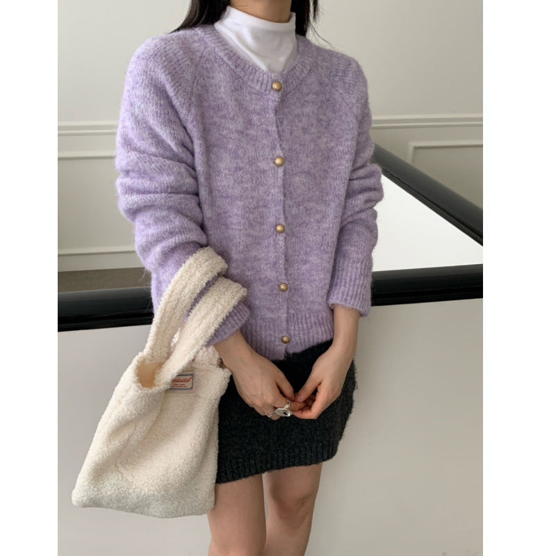 Damen Flauschiger Strickcardigan mit komfortablem Rundhalsausschnitt und echten Knöpfen Drune